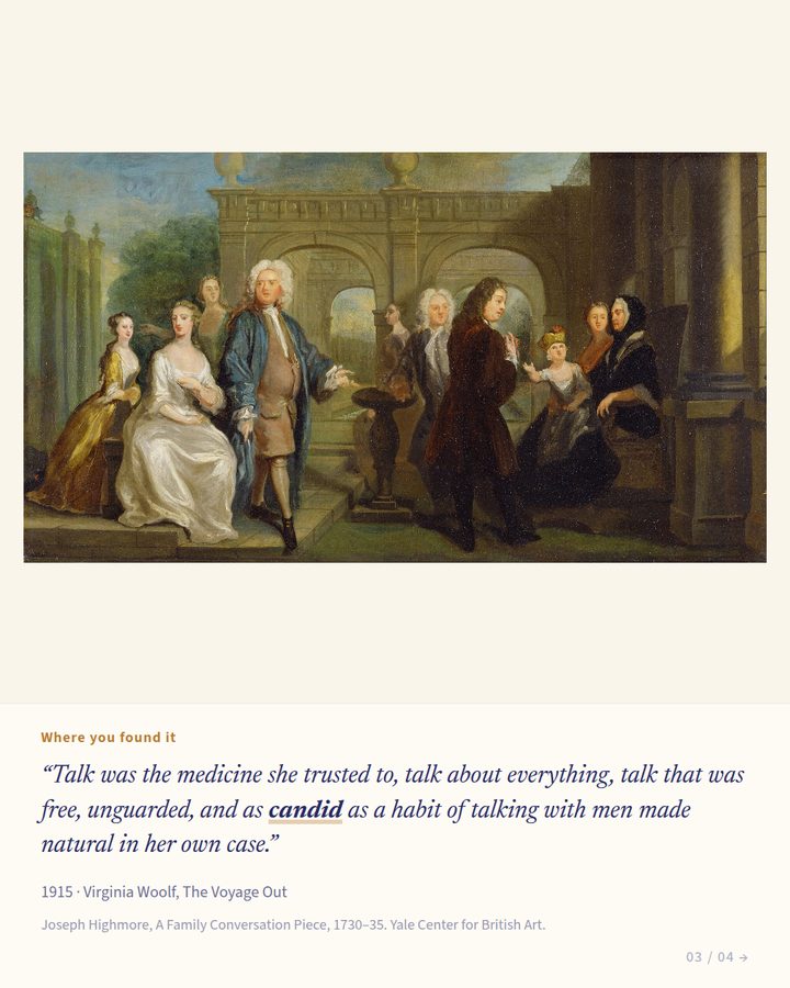 Instagram post for candid: Highmore’s Family Conversation Piece above a quote from Virginia Woolf’s The Voyage Out.
