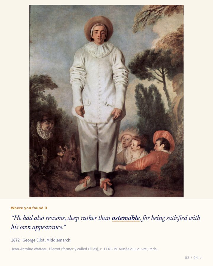 Instagram post for ostensible: Watteau’s Pierrot above a quote from George Eliot’s Middlemarch.